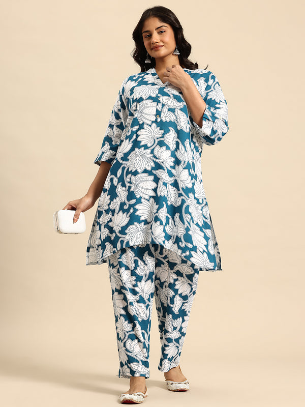 Blue Lotus Coord With 3/4 Sleeve  For Women