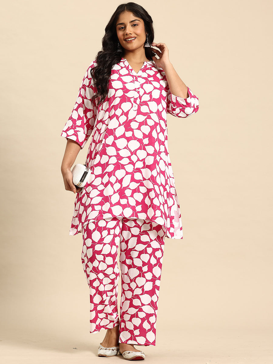 Pink Leaf Coord With 3/4 Sleeve  For Women