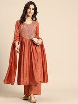 Orange Mirror Thread Work Anarkali Kurta with Trousers & Dupatta