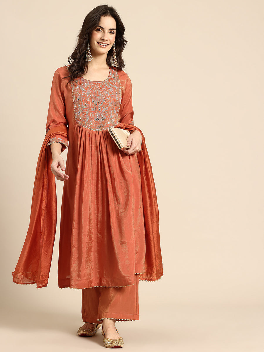 Orange Mirror Thread Work Anarkali Kurta with Trousers & Dupatta