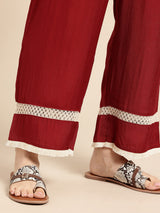 Red Floral Thread Work Kurta With Trousers Co-Ords Set