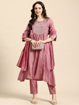 Onion Mirror Thread Work Anarkali Kurta with Trousers & Dupatta