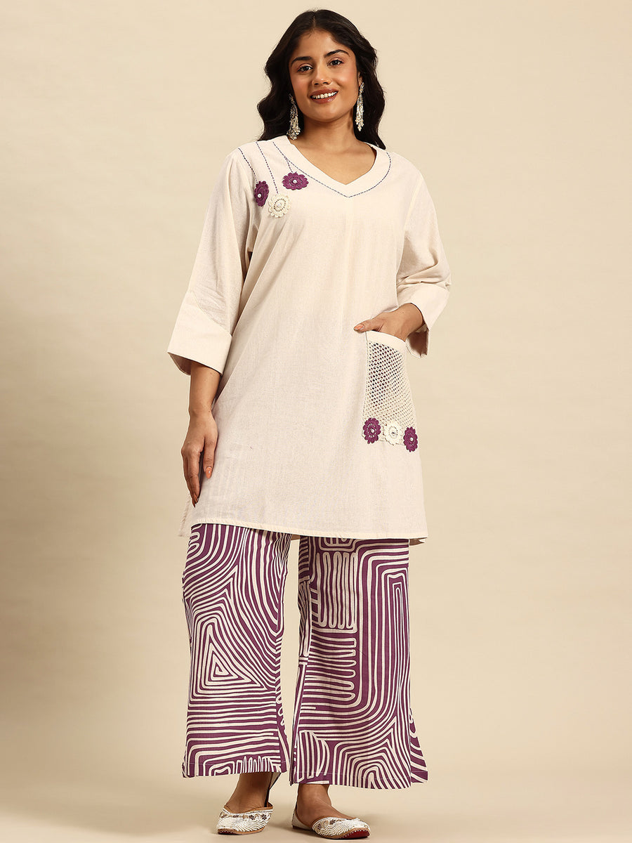 Lav Stripes Embroidered Regular Beads & Stones Kurta With Palazzos Co-Ords Set