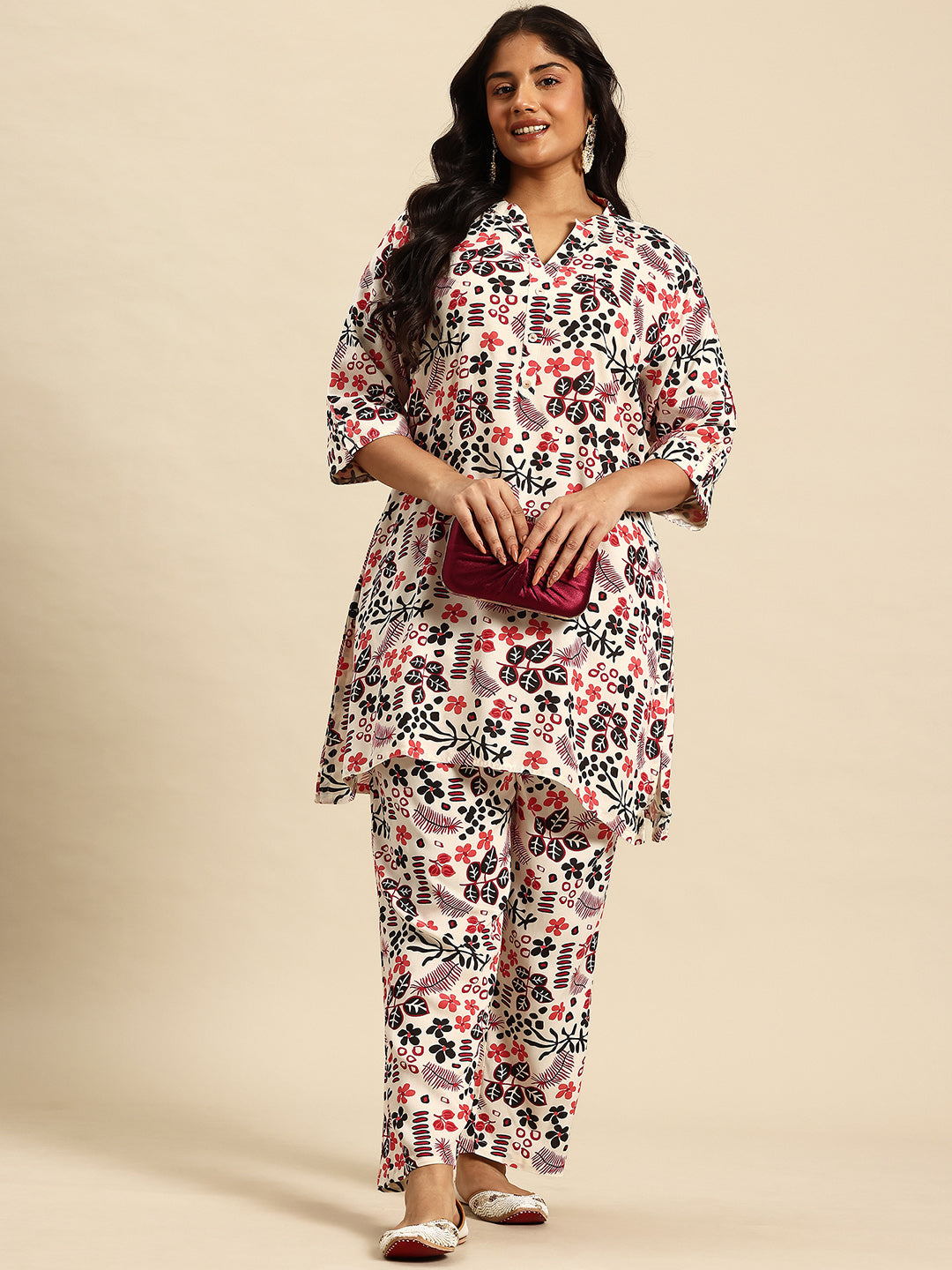 Red Aop Coord With 3/4 Sleeve  For Women