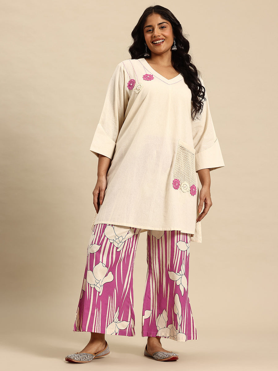 Pink Leaf Embroidered Regular Beads & Stones Kurta With Palazzos Co-Ords Set
