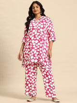 Pink Leaf Coord With 3/4 Sleeve  For Women