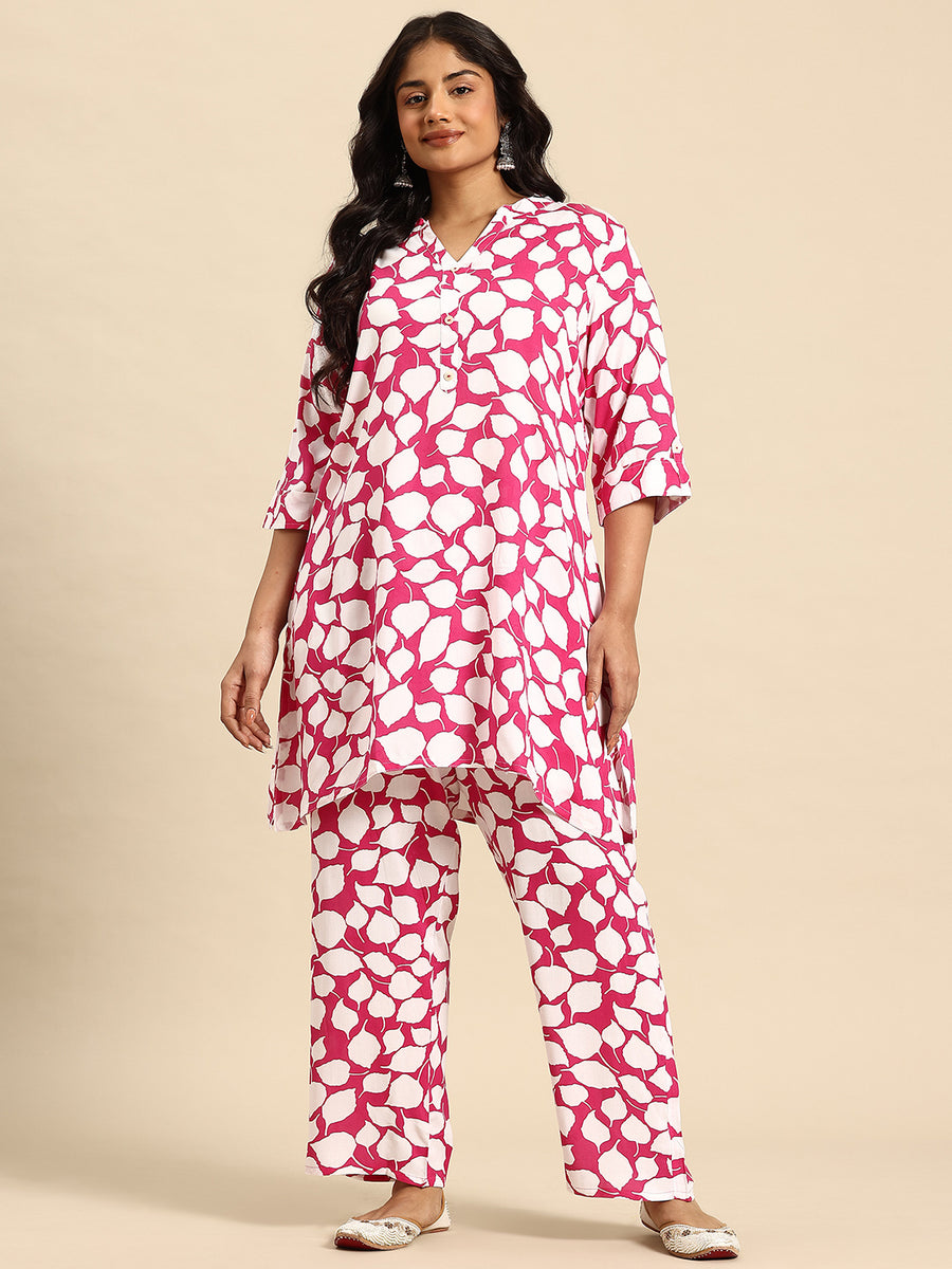 Pink Leaf Coord With 3/4 Sleeve  For Women