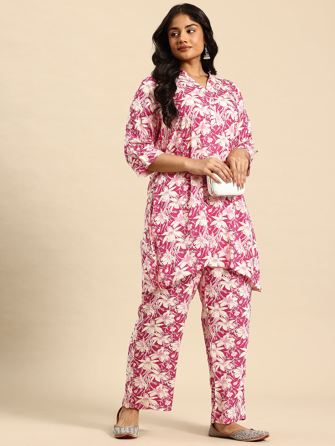 Pink Mesh Coord With 3/4 Sleeve For Women