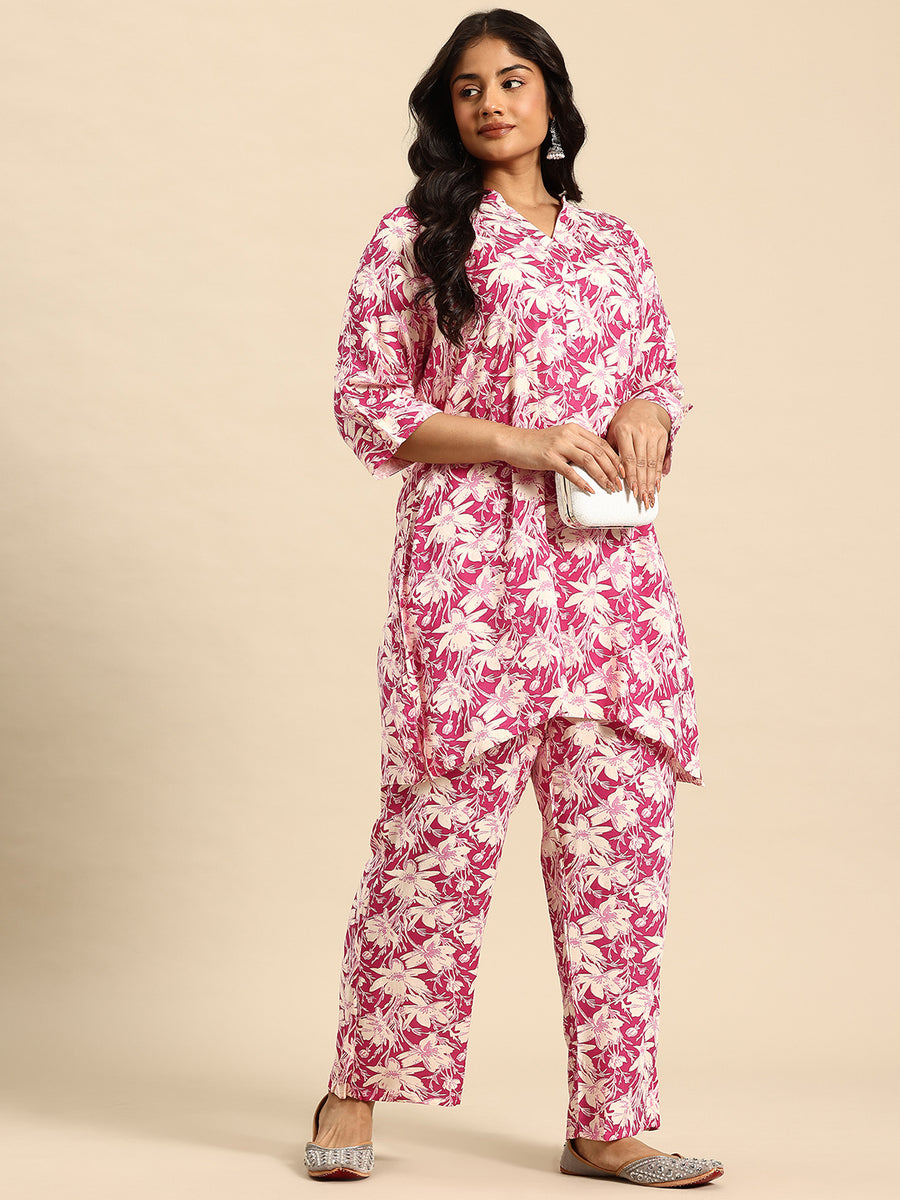 Pink Mesh Coord With 3/4 Sleeve For Women
