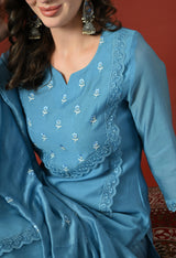 Blue Floral Embroidered Regular Chanderi Cotton Kurta with Trousers & With Dupatta