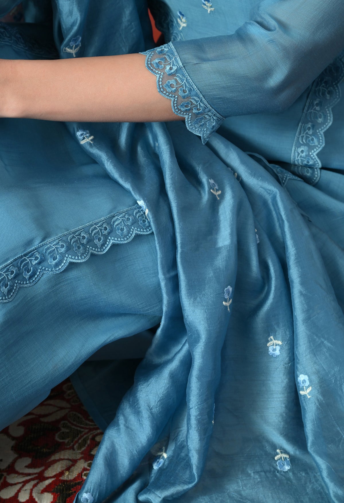 Blue Floral Embroidered Regular Chanderi Cotton Kurta with Trousers & With Dupatta