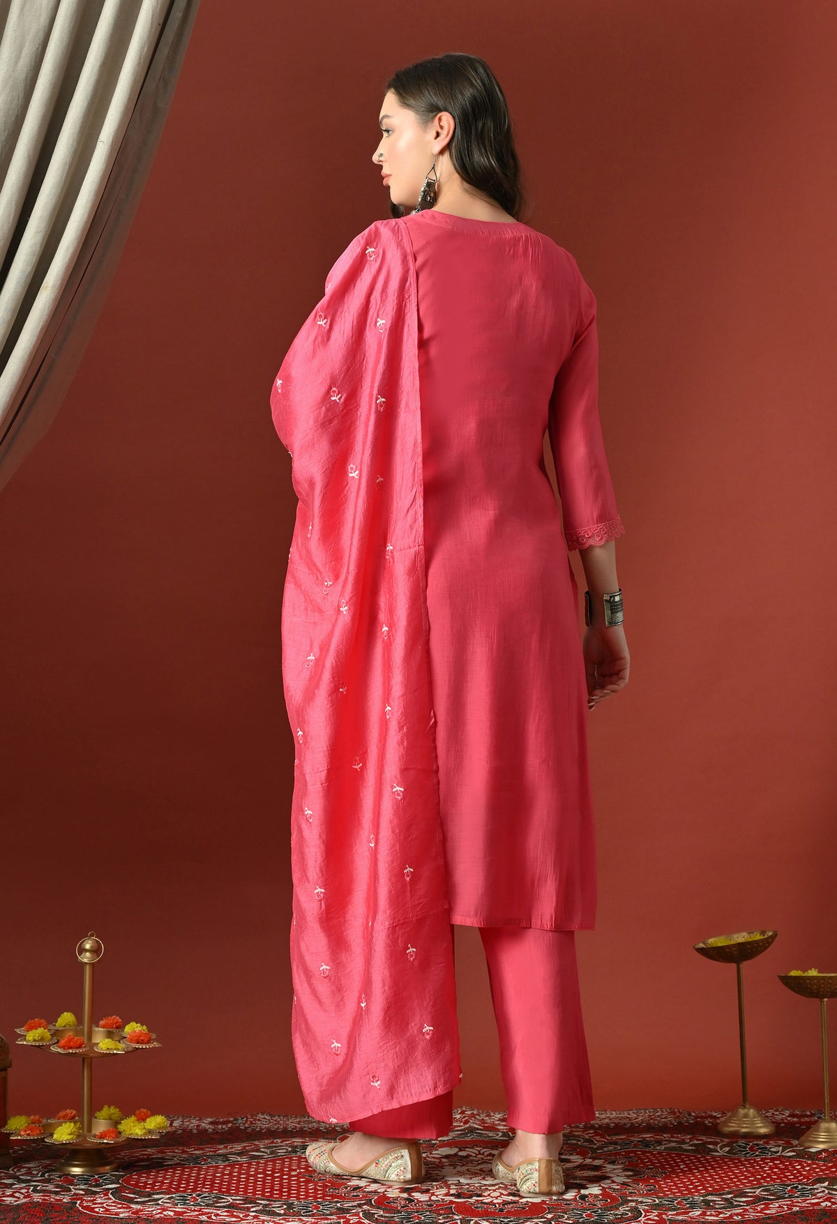 Pink Floral Embroidered Regular Chanderi Cotton Kurta with Trousers & With Dupatta