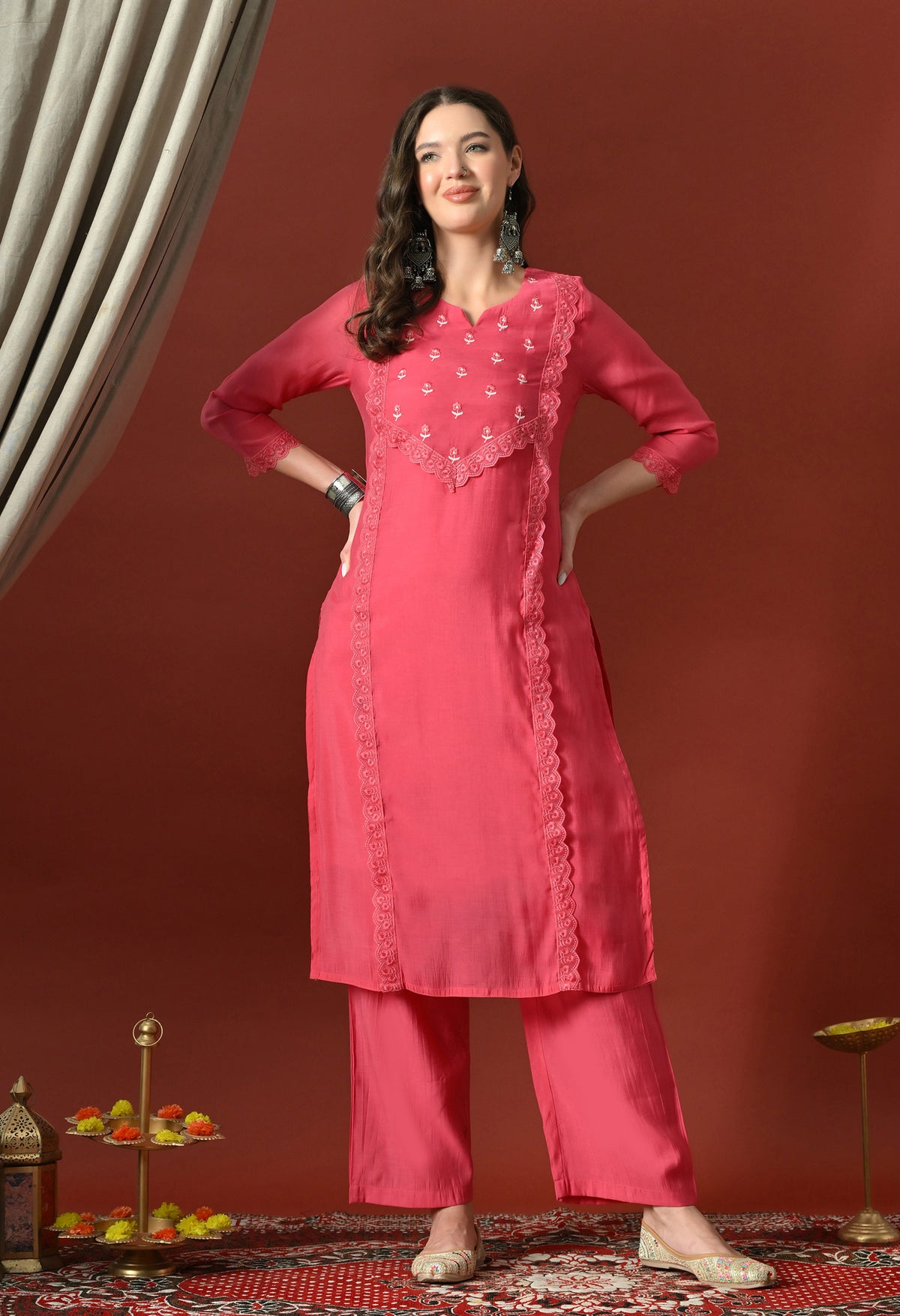 Pink Floral Embroidered Regular Chanderi Cotton Kurta with Trousers & With Dupatta