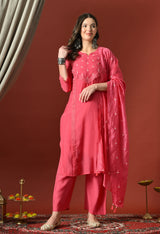 Pink Floral Embroidered Regular Chanderi Cotton Kurta with Trousers & With Dupatta