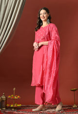 Pink Floral Embroidered Regular Chanderi Cotton Kurta with Trousers & With Dupatta