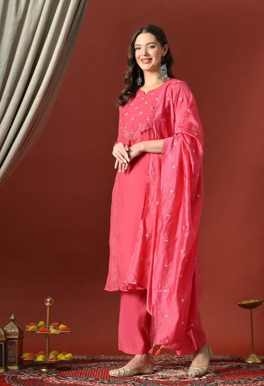 Pink Floral Embroidered Regular Chanderi Cotton Kurta with Trousers & With Dupatta