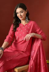 Pink Floral Embroidered Regular Chanderi Cotton Kurta with Trousers & With Dupatta
