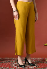 Yellow Embroidered Printed Casual V-Neck Top With Trousers