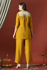 Yellow Embroidered Printed Casual V-Neck Top With Trousers
