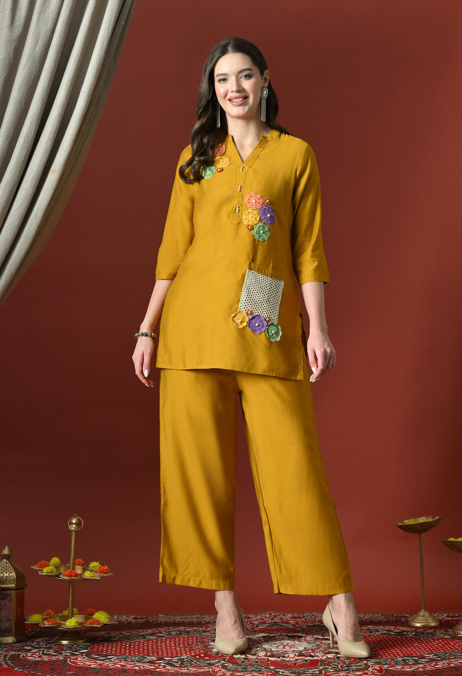 Yellow Embroidered Printed Casual V-Neck Top With Trousers