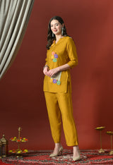Yellow Embroidered Printed Casual V-Neck Top With Trousers