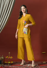Yellow Embroidered Printed Casual V-Neck Top With Trousers