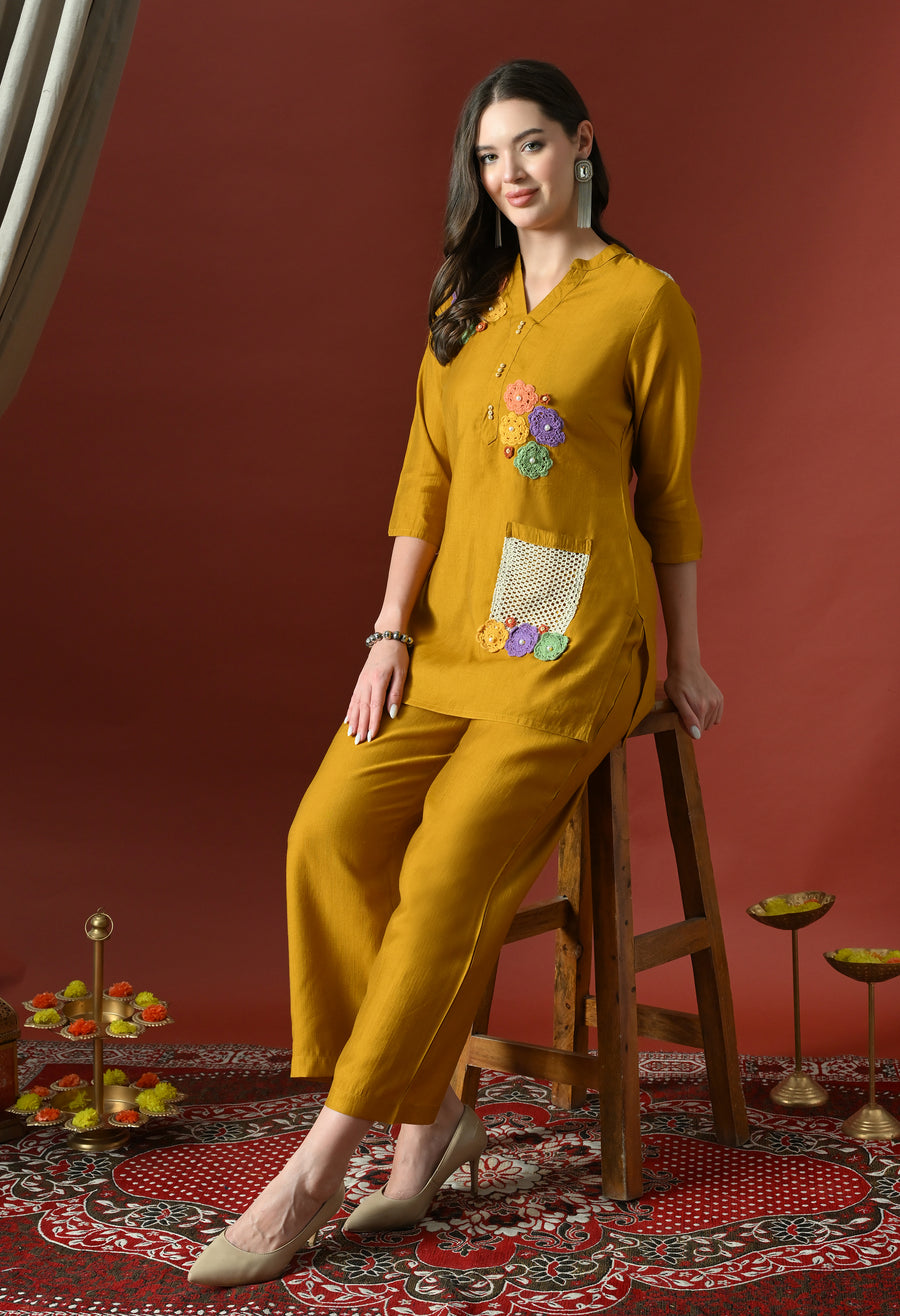 Yellow Embroidered Printed Casual V-Neck Top With Trousers