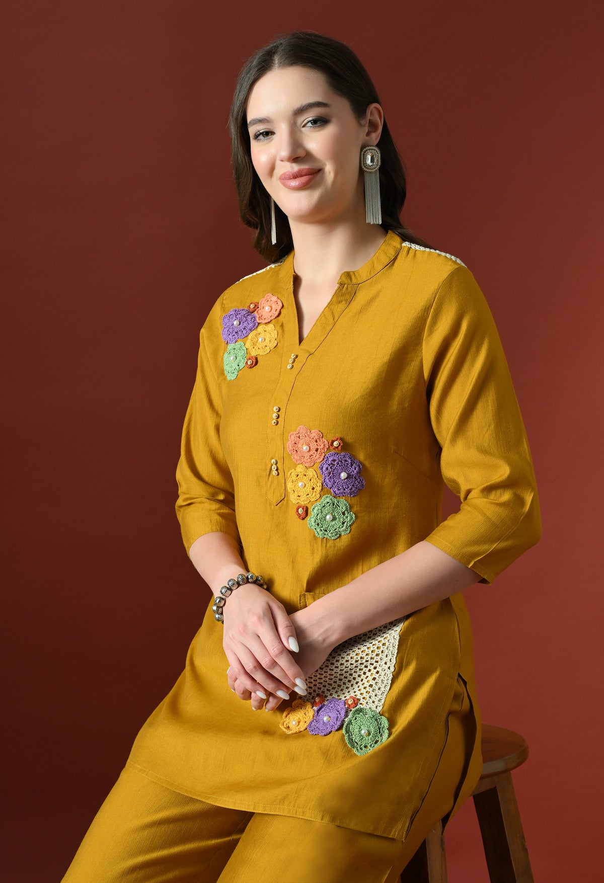 Yellow Embroidered Printed Casual V-Neck Top With Trousers