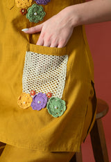 Yellow Embroidered Printed Casual V-Neck Top With Trousers