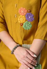 Yellow Embroidered Printed Casual V-Neck Top With Trousers
