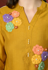 Yellow Embroidered Printed Casual V-Neck Top With Trousers