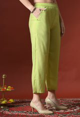 Neon Floral Embroidered Regular Chanderi Cotton Kurta with Pyjamas & With Dupatta