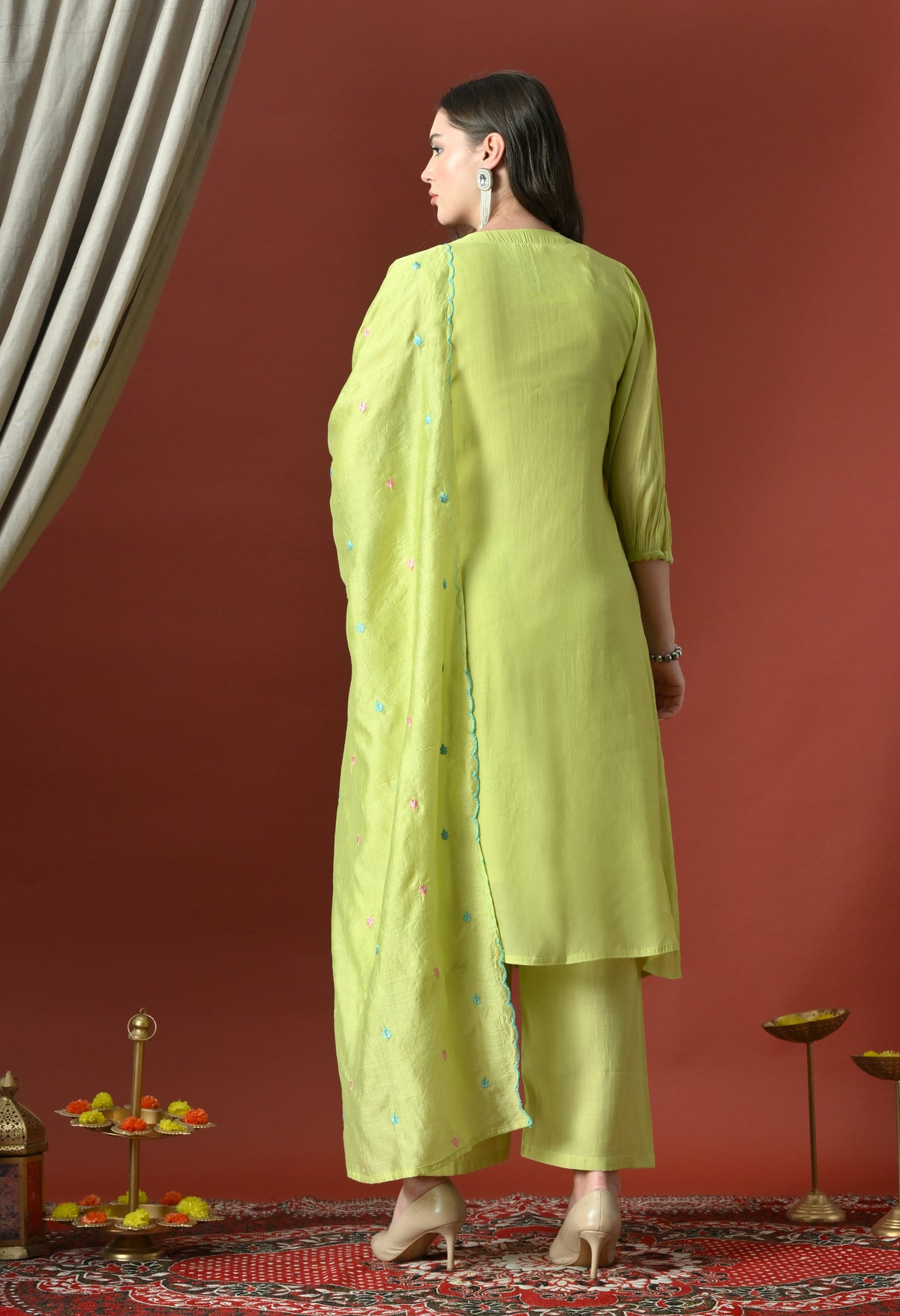 Neon Floral Embroidered Regular Chanderi Cotton Kurta with Pyjamas & With Dupatta