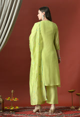 Neon Floral Embroidered Regular Chanderi Cotton Kurta with Pyjamas & With Dupatta