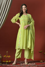 Neon Floral Embroidered Regular Chanderi Cotton Kurta with Pyjamas & With Dupatta