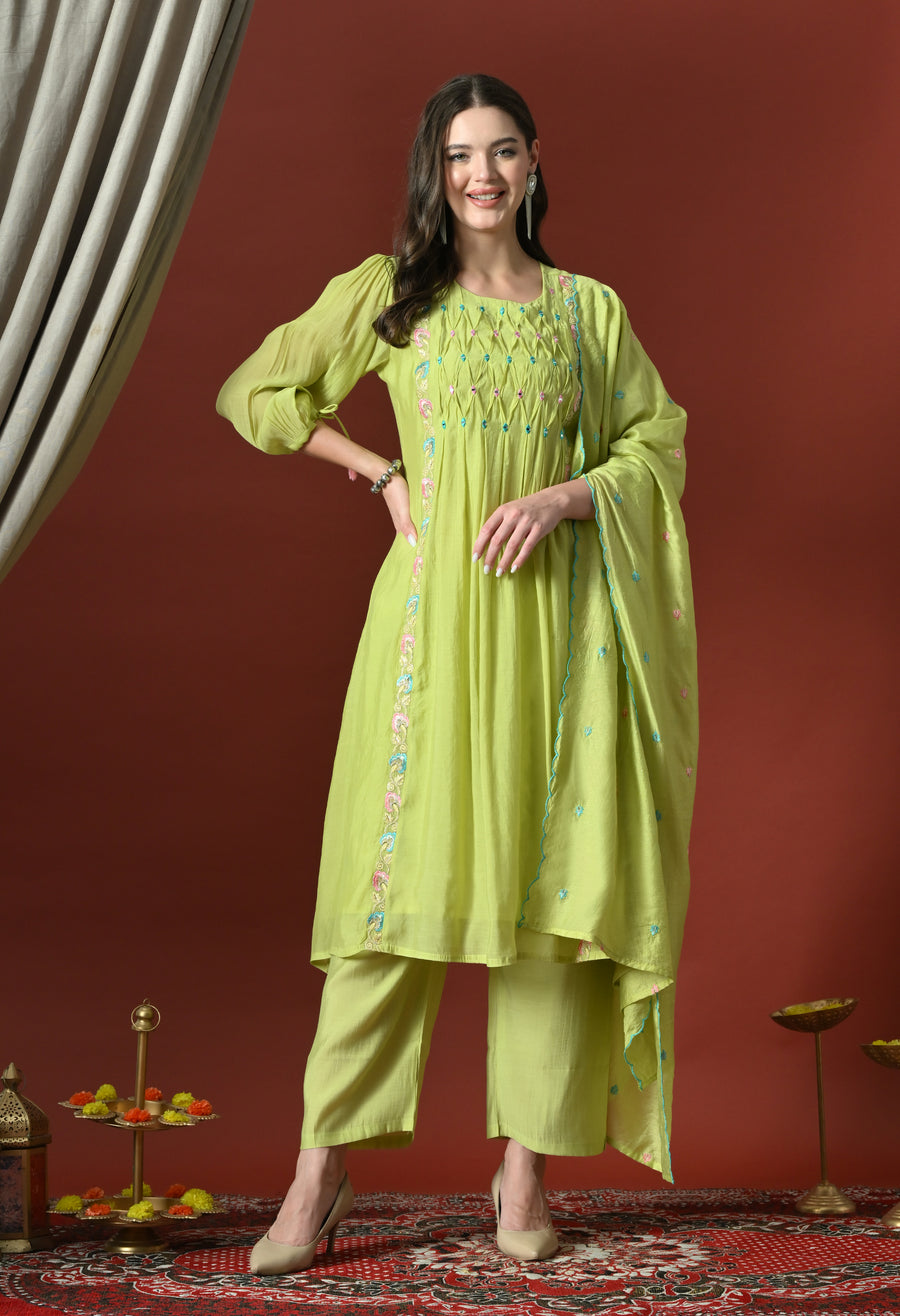 Neon Floral Embroidered Regular Chanderi Cotton Kurta with Pyjamas & With Dupatta