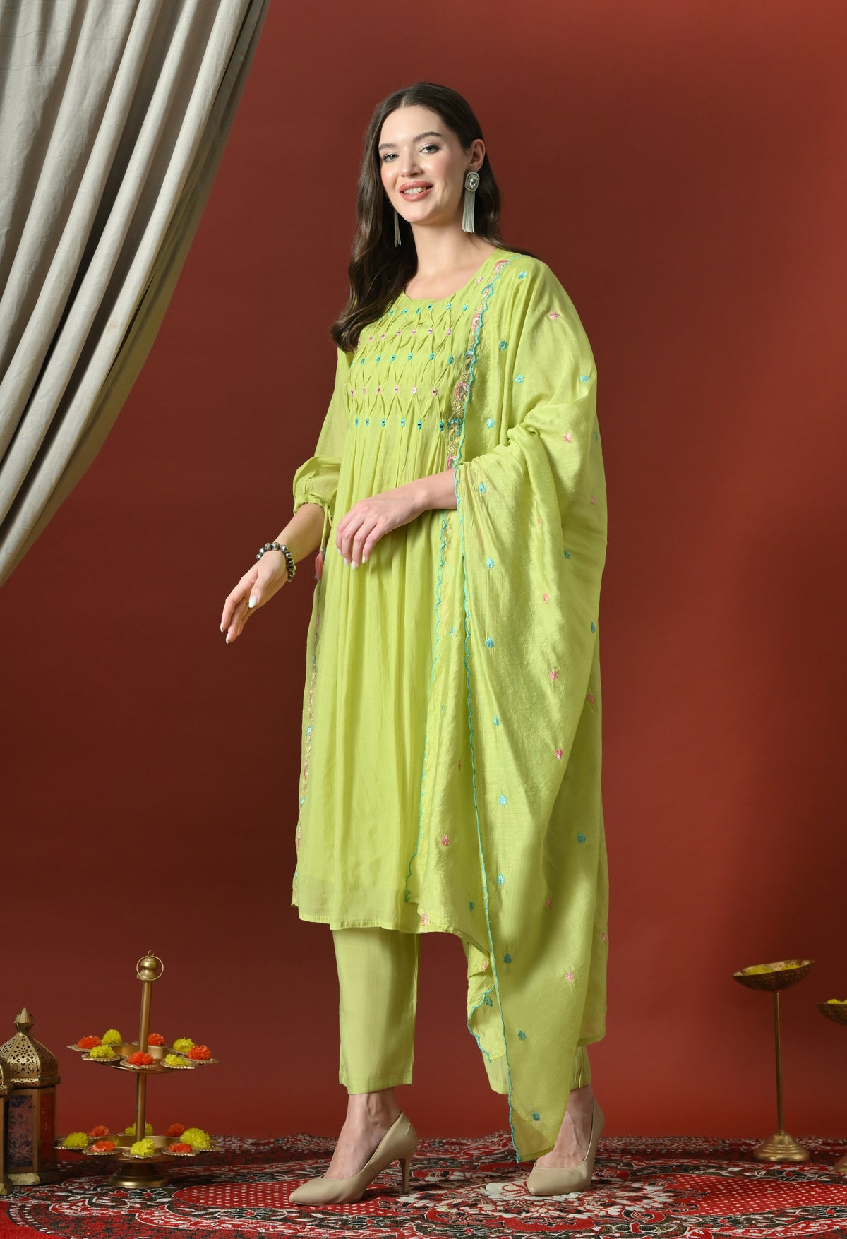 Neon Floral Embroidered Regular Chanderi Cotton Kurta with Pyjamas & With Dupatta