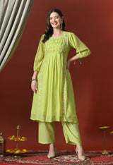 Neon Floral Embroidered Regular Chanderi Cotton Kurta with Pyjamas & With Dupatta