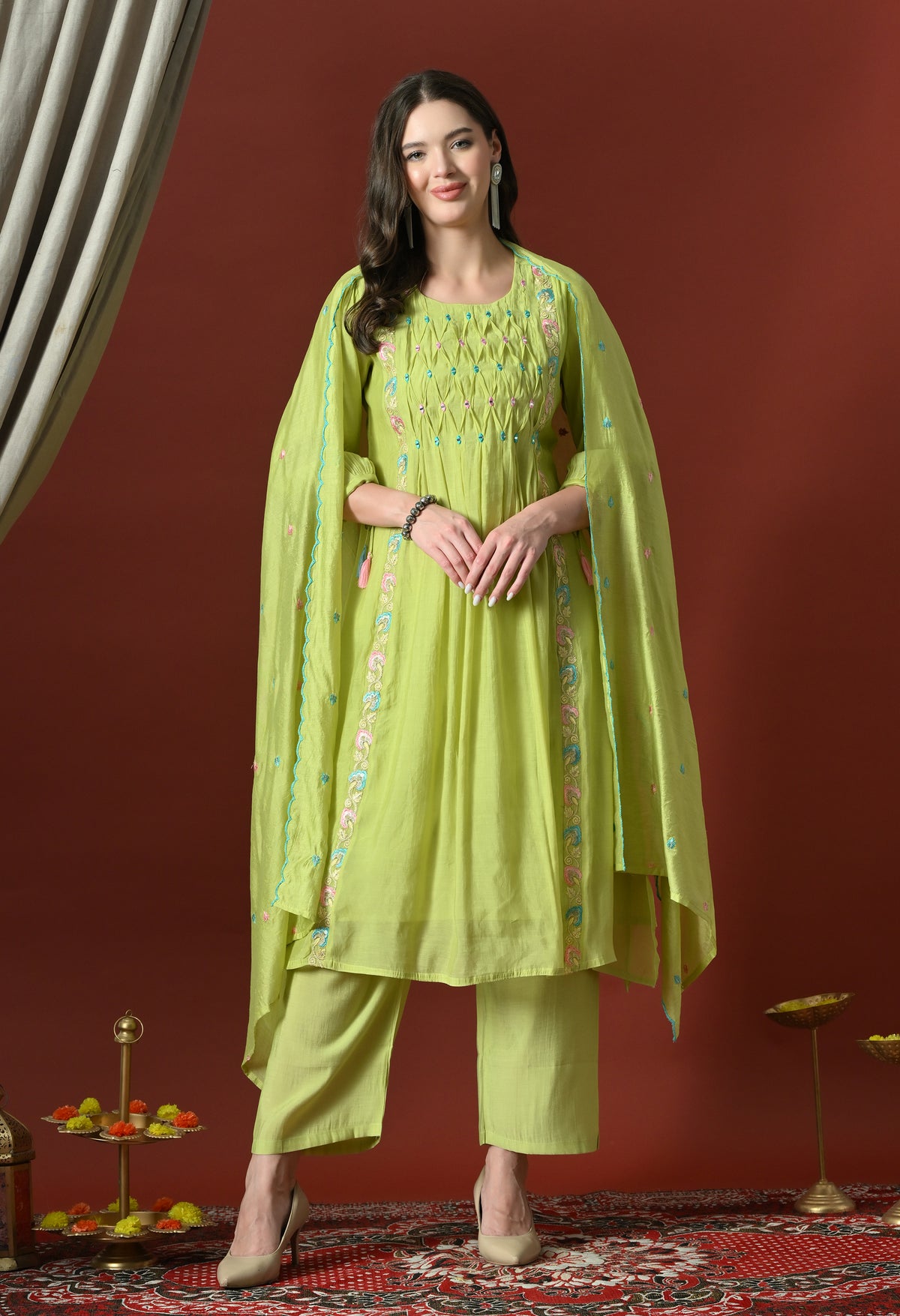 Neon Floral Embroidered Regular Chanderi Cotton Kurta with Pyjamas & With Dupatta