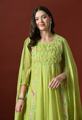 Neon Floral Embroidered Regular Chanderi Cotton Kurta with Pyjamas & With Dupatta