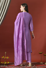Purple Floral Embroidered Regular Chanderi Cotton Kurta with Pyjamas & With Dupatta