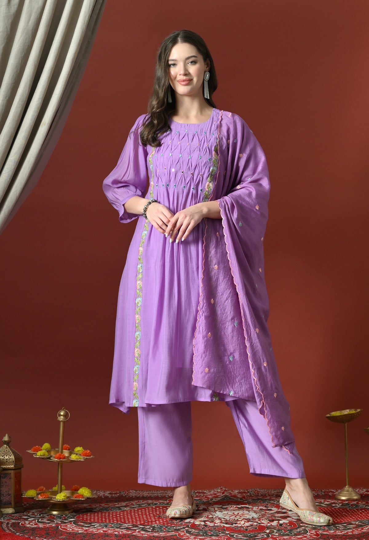 Purple Floral Embroidered Regular Chanderi Cotton Kurta with Pyjamas & With Dupatta