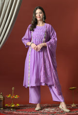 Purple Floral Embroidered Regular Chanderi Cotton Kurta with Pyjamas & With Dupatta