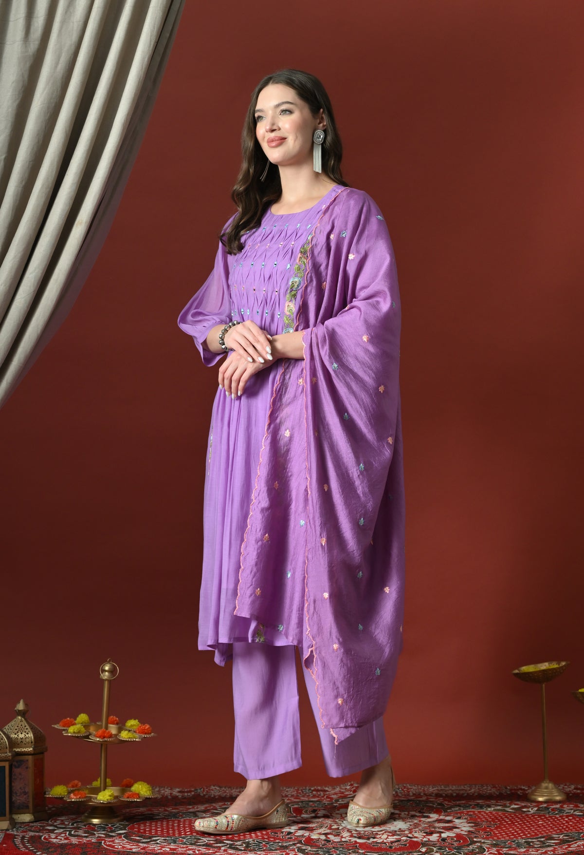 Purple Floral Embroidered Regular Chanderi Cotton Kurta with Pyjamas & With Dupatta