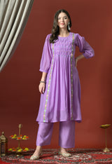 Purple Floral Embroidered Regular Chanderi Cotton Kurta with Pyjamas & With Dupatta