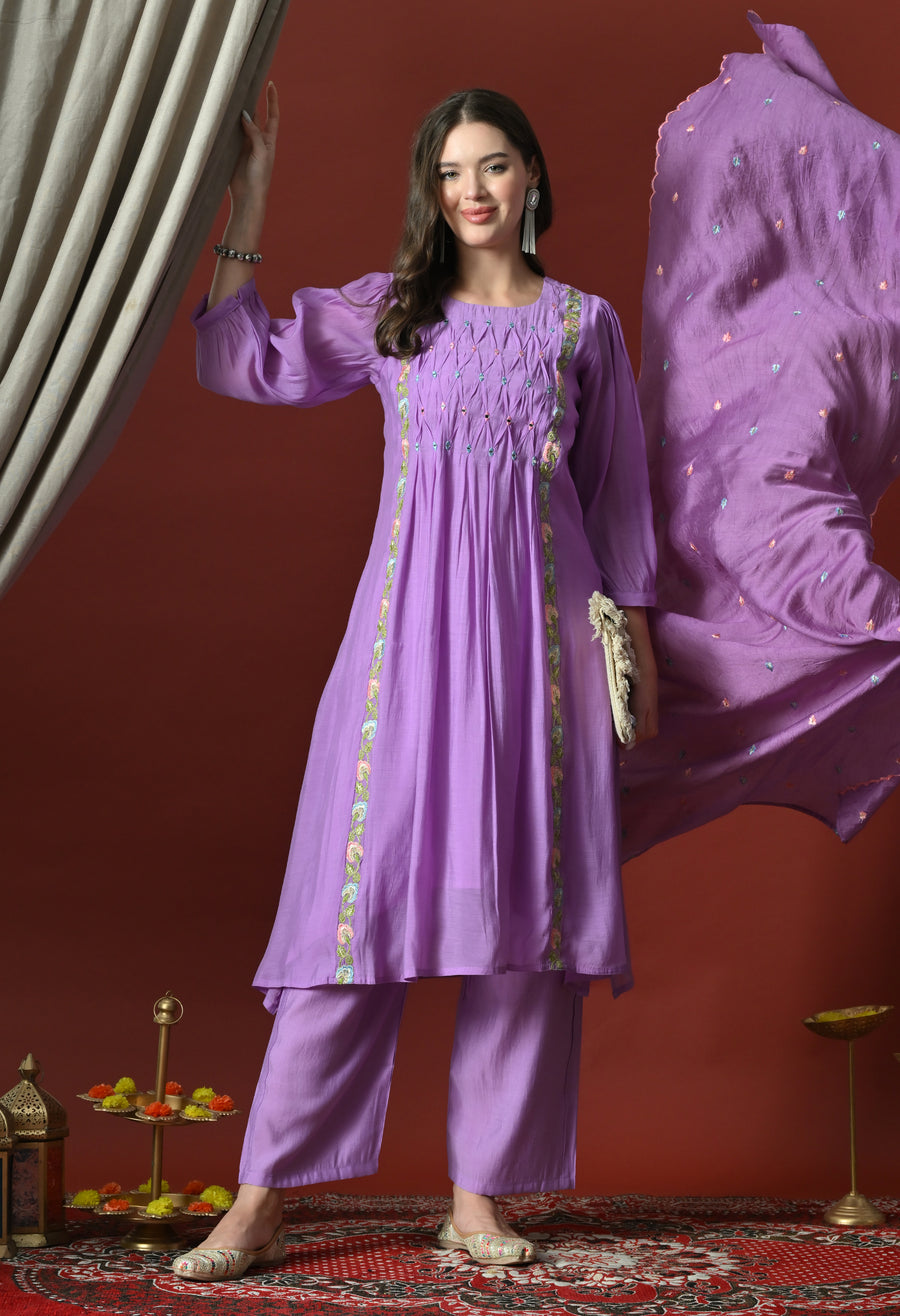 Purple Floral Embroidered Regular Chanderi Cotton Kurta with Pyjamas & With Dupatta
