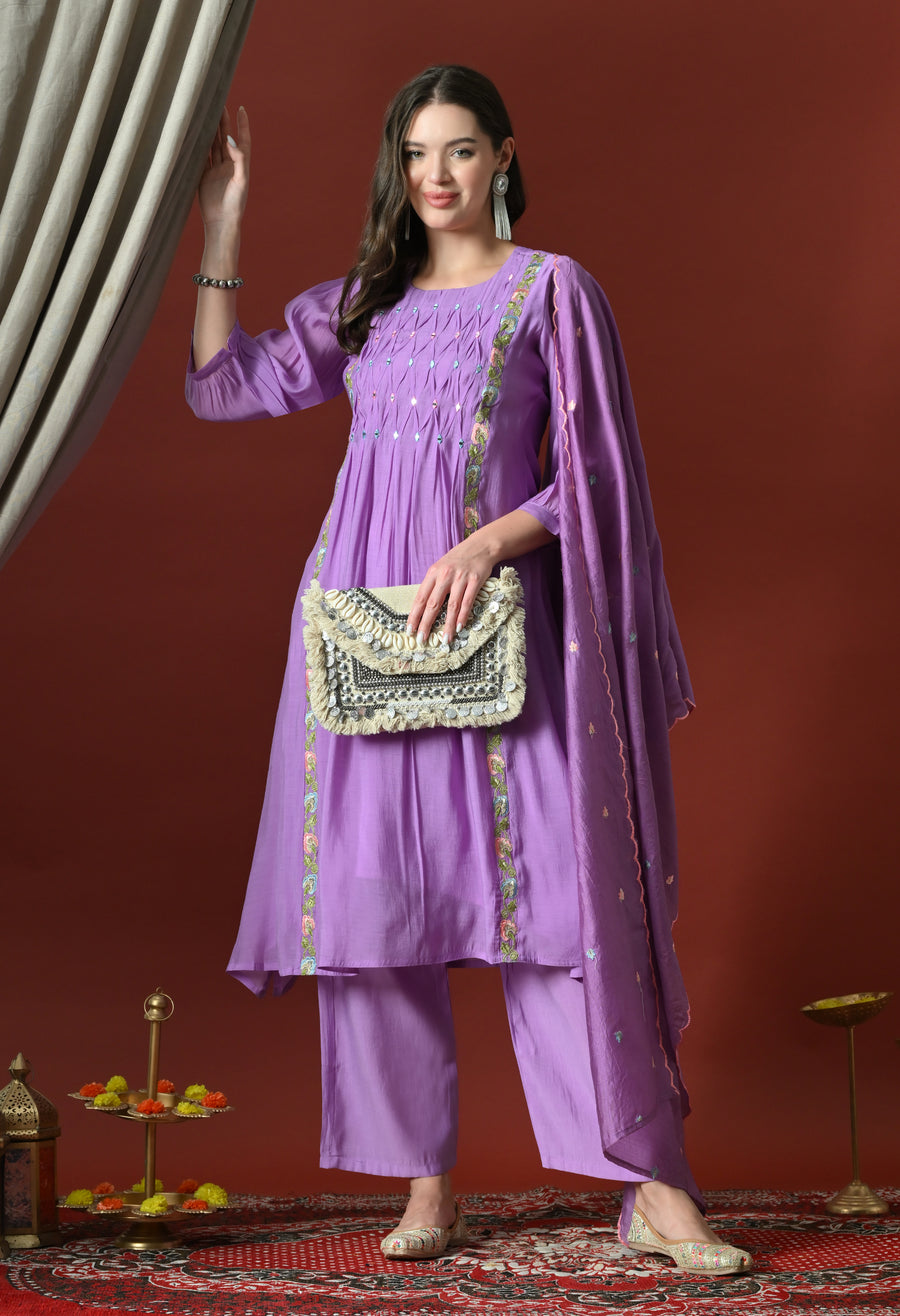 Purple Floral Embroidered Regular Chanderi Cotton Kurta with Pyjamas & With Dupatta