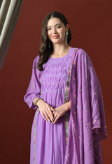 Purple Floral Embroidered Regular Chanderi Cotton Kurta with Pyjamas & With Dupatta