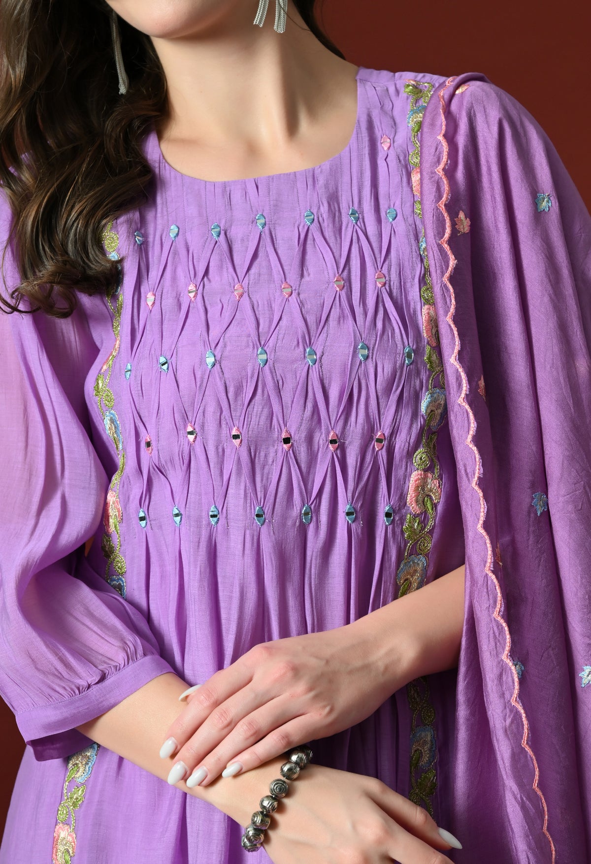 Purple Floral Embroidered Regular Chanderi Cotton Kurta with Pyjamas & With Dupatta