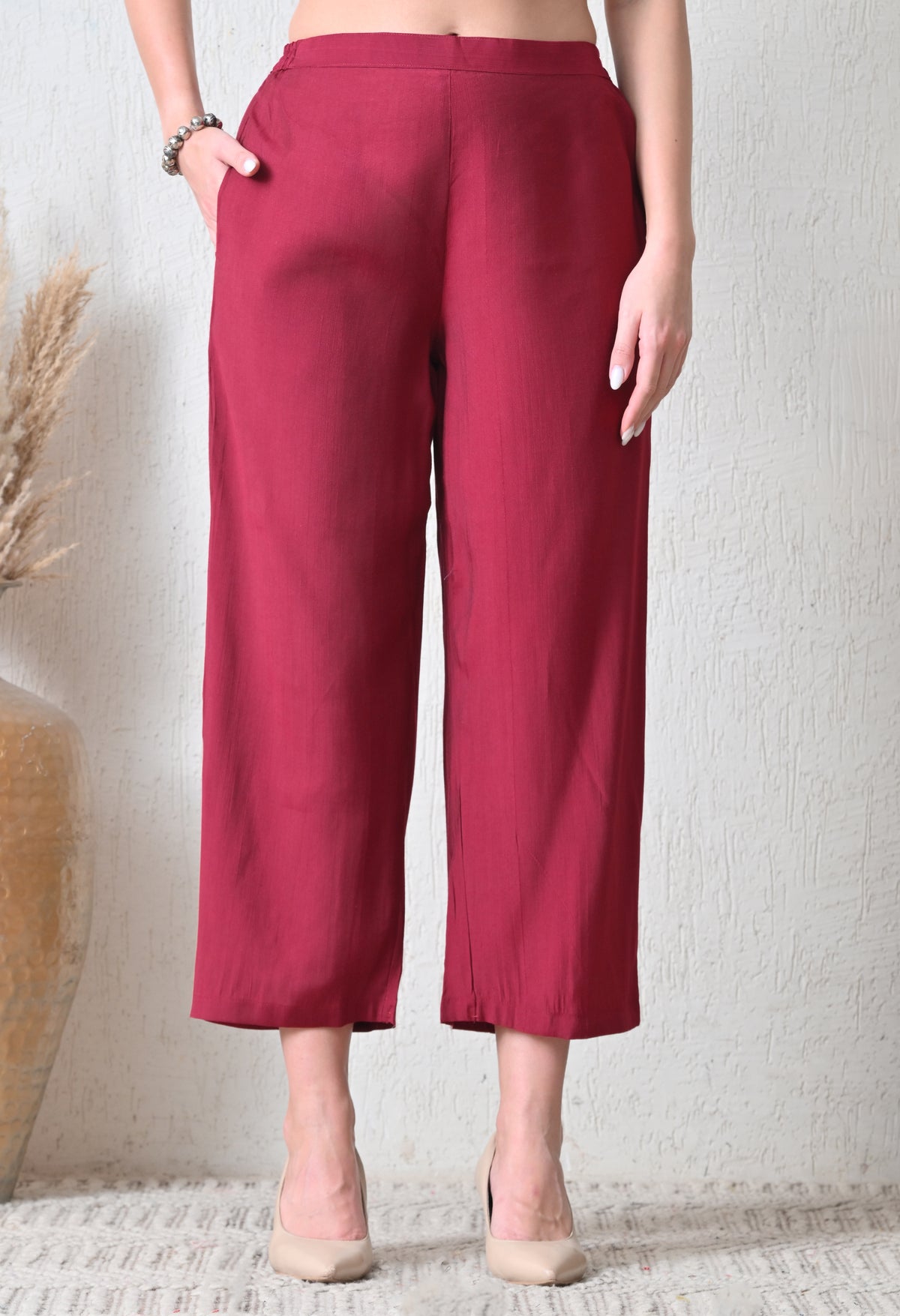 Maroon Embroidered Printed Casual V-Neck Top With Trousers